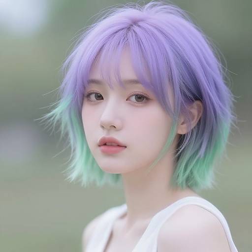 Photograph of a young Asian woman with pastel purple and green short hair, pale skin, and a white top, gazing softly into the camera