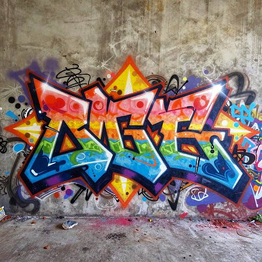 Vibrant graffiti on a concrete wall with bold colors (red, orange, yellow, blue, green), sharp edges, and black outlines. Urban