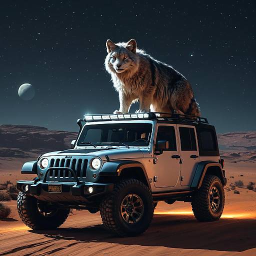 Wolf on Jeep in Desert Night