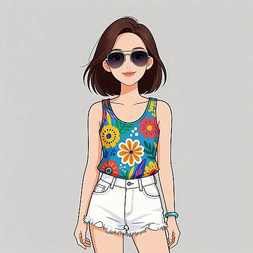 Digital illustration of a smiling woman with short brown hair, wearing sunglasses, a colorful floral tank top, and white frayed shorts.