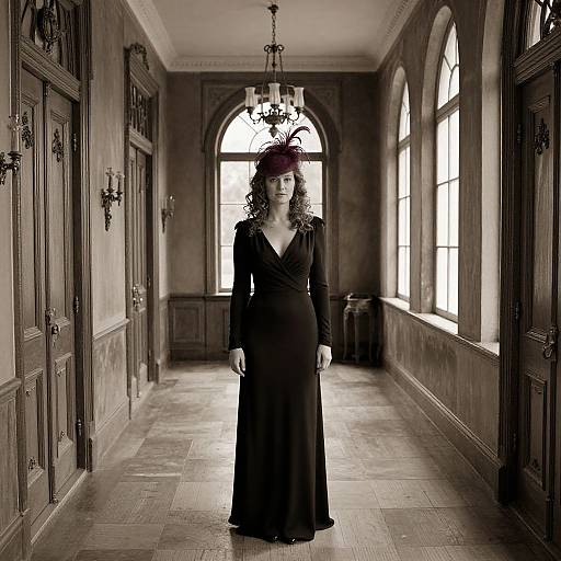 Photograph of a pale-skinned woman with curly hair in a black, long-sleeved, V-neck gown standing in a dimly lit,