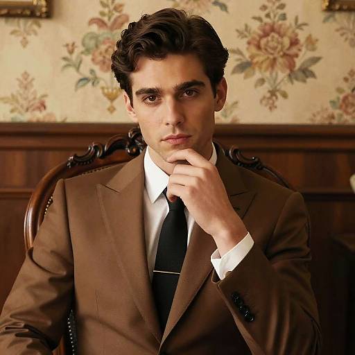 Photograph of a young man with dark hair, brown suit, white shirt, black tie, resting his chin on his hand, seated in a wooden