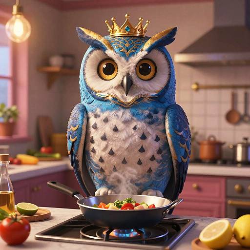 Photorealistic CGI of a blue owl with a golden crown, standing on a kitchen counter, cooking in a skillet with vegetables. Bright, colorful kitchen