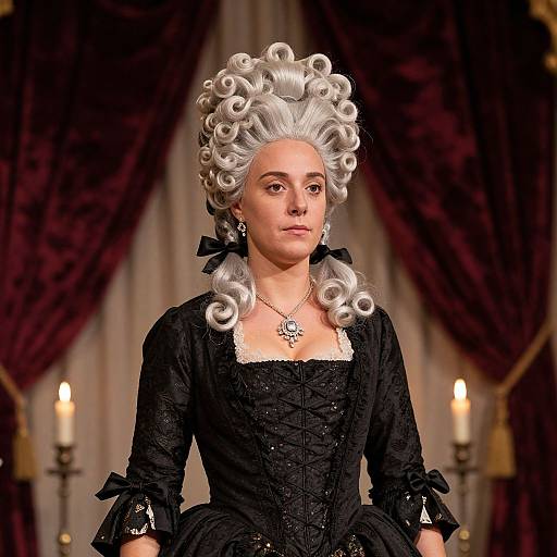 Photograph of a woman in 18th-century black dress with elaborate silver curly wig, black ribbon, and ornate necklace, standing before red velvet