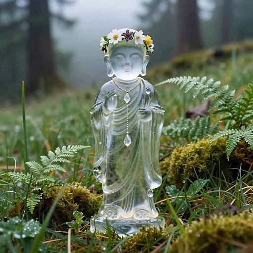 Photograph of a glowing, translucent Buddha statue adorned with a flower crown, standing on mossy, fern-filled forest ground.