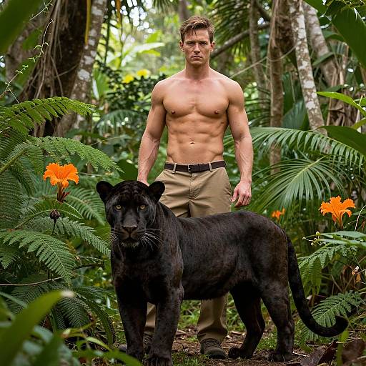 Photograph: Muscular, shirtless, blond man in khaki pants stands in lush jungle, hand on black panther with vibrant orange flowers in