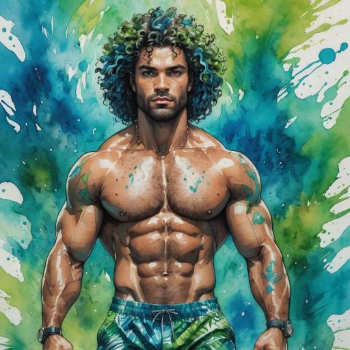 Muscular Man in Tropical Watercolor Scene