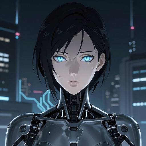 Digital anime-style portrait of a cyborg woman with black hair, glowing blue eyes, and a high-tech black exoskeleton suit in a neon-l