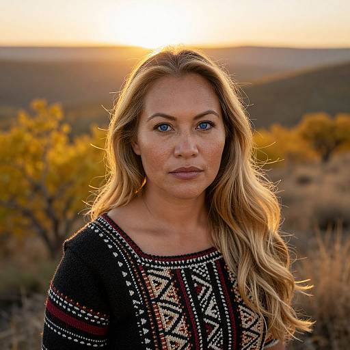 Photograph of a blonde woman with blue eyes, wearing a patterned black sweater, standing in a sunlit, autumnal landscape.