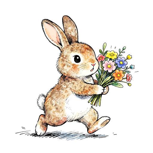 Whimsical Rabbit with Floral Bouquet