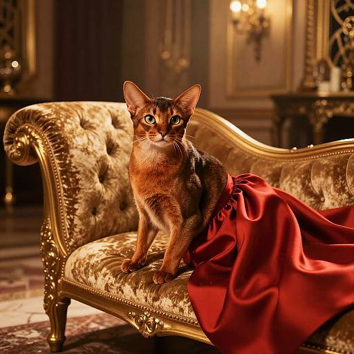 Glamorous Abyssinian Cat in Crimson Gown