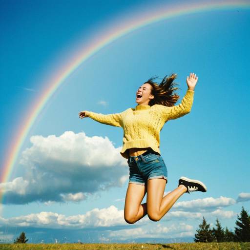 Joyful Woman Jumping Under Rainbow