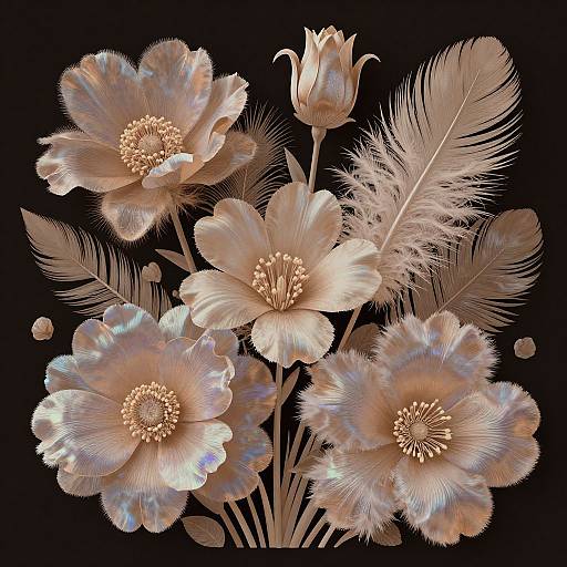 Digital artwork of glowing, translucent flowers with iridescent petals and delicate feathers on a black background, creating a dreamy, ethereal effect.