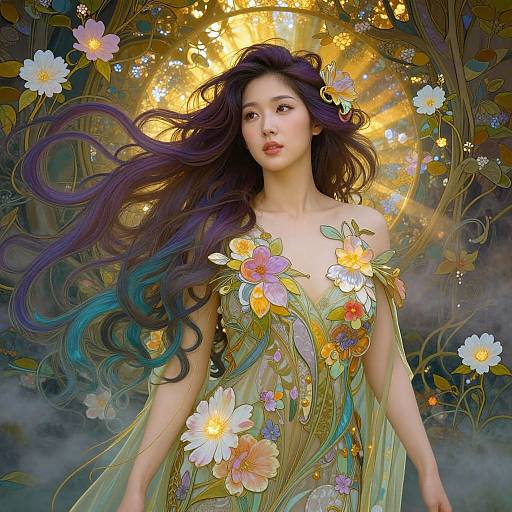 Digital artwork of a beautiful Asian woman with long, flowing purple and blue hair, wearing a floral dress adorned with colorful flowers, standing in a radiant,