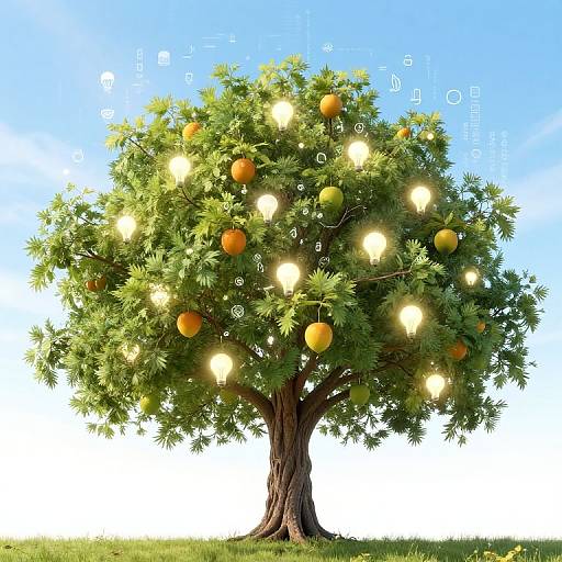 Digital illustration of a lush orange tree with glowing lights and fruit, set against a clear blue sky and green grass.