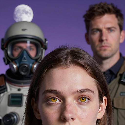 Intense Space Portrait with Dual Background Figures