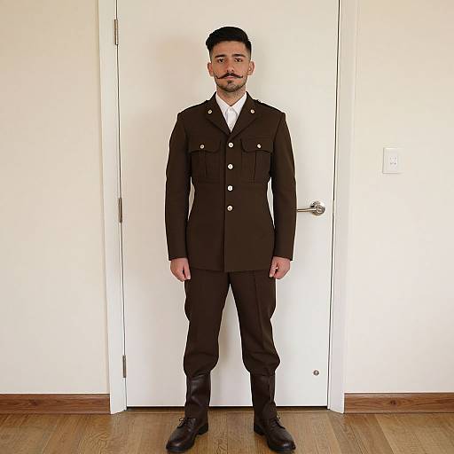 Photograph of a man with short black hair, mustache, wearing a black military-style jacket, white shirt, black pants, and black boots,