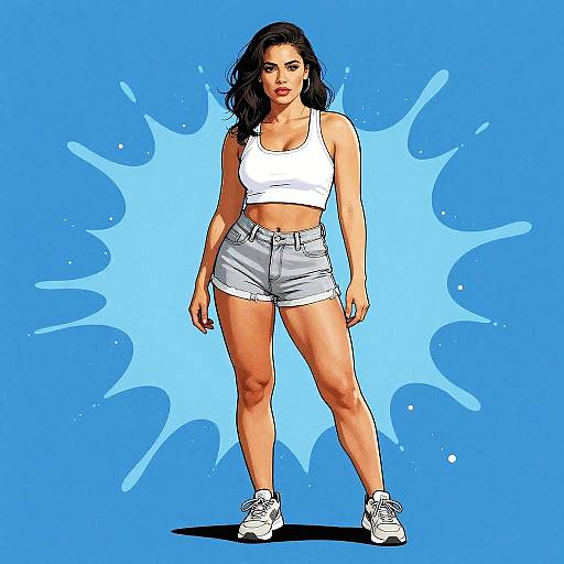 Digital comic-style drawing of a confident woman with olive skin, black wavy hair, wearing a white crop top, light blue denim shorts, and white