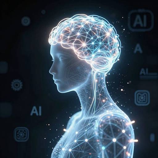 Digital CGI of a glowing, neon blue wireframe female profile with a geometric head outline, set against a dark background with 