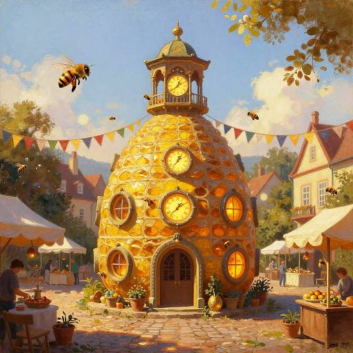 Whimsical digital painting of a honey-colored clock tower with glowing circular windows, surrounded by a sunny village square with bees, colorful flags, and outdoor