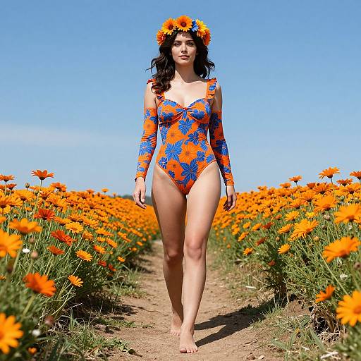 Photograph of a fair-skinned woman with dark curly hair, wearing an orange and blue floral one-piece swimsuit, flower crown, walking through a
