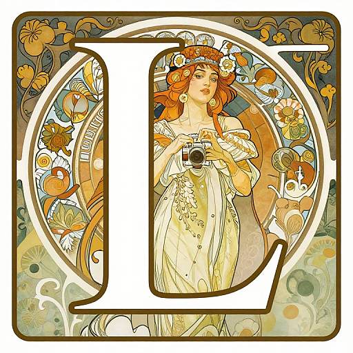 Art Nouveau-style digital illustration of a red-haired woman in a white dress holding a camera, surrounded by vibrant floral patterns, encased in a large