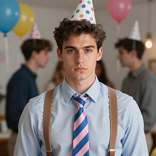 Young Man in Party Hat with Serious Expression