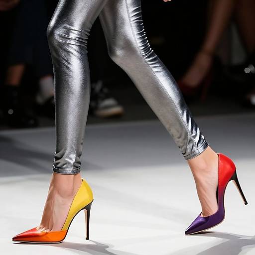 Photograph of a model's legs in shiny black leather pants, wearing vibrant high heels—one orange, one red—on a white runway.