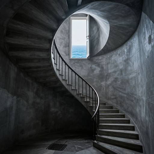 Photograph of a dark, moody, spiral staircase with black metal railings, leading to a bright, rectangular window, casting light on textured concrete