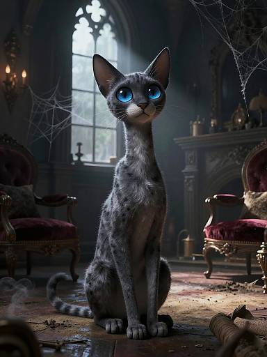 CGI image of a grey, blue-eyed cat with large eyes sitting in a dark, Victorian-style room with spider webs, ornate chairs, and