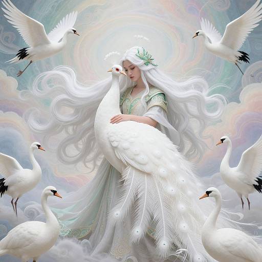 Digital artwork of a pale-skinned, ethereal woman with long, flowing white hair, wearing a green-embellished white dress, holding a