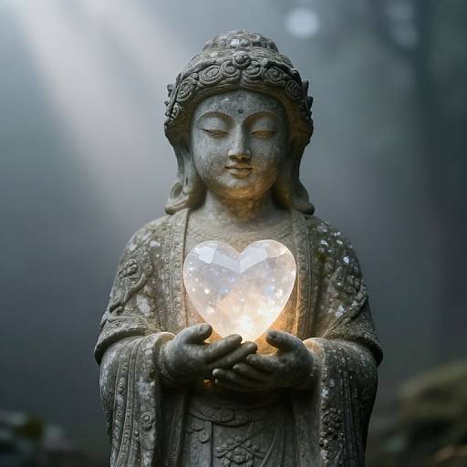 Photograph of a serene, stone Buddha statue with closed eyes, holding a glowing heart-shaped light in outstretched hands, set against a misty