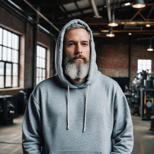 Bearded man wearing hoodie in industrial setting