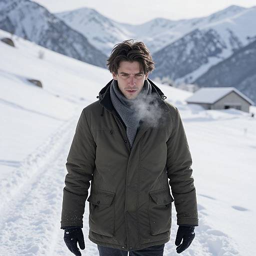 Man Walking Snowy Mountain Path