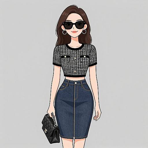 Digital illustration of a stylish woman with long brown hair, wearing black sunglasses, a black houndstooth crop top, high-waisted denim skirt