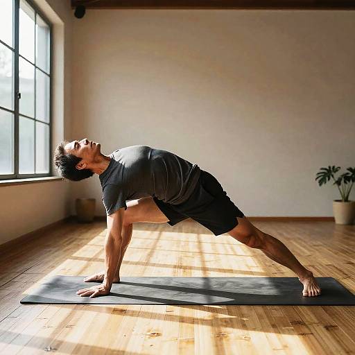 Photograph of a muscular man in black workout clothes performing a backbend yoga pose on a gray mat in a sunlit, wooden-floored