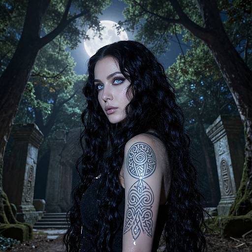 Photograph-style digital art of a pale-skinned woman with long, wavy black hair and striking blue eyes, showcasing intricate tattoos on her left arm