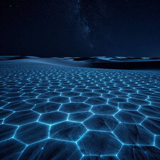 Photograph of a nighttime desert landscape with glowing blue hexagonal patterns on the sand, set against a starry, dark sky.