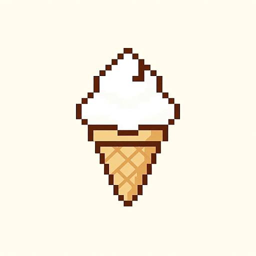 Pixel art of a vanilla ice cream cone with a brown, diamond-patterned base, depicted in 8-bit style on a white background.