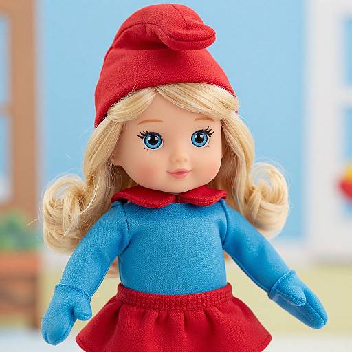 Photograph of a blonde-haired doll with blue eyes, wearing a red hat, blue shirt, and red skirt, set against a blurred blue and brown