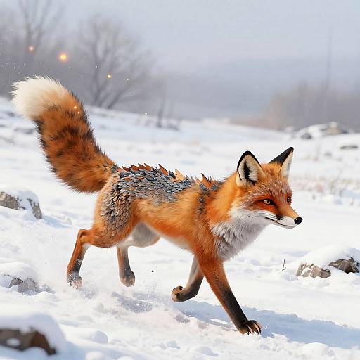 Photograph of a red fox with a bushy tail and grayish-black back, walking through a snowy landscape with blurred trees and bright sunlight.