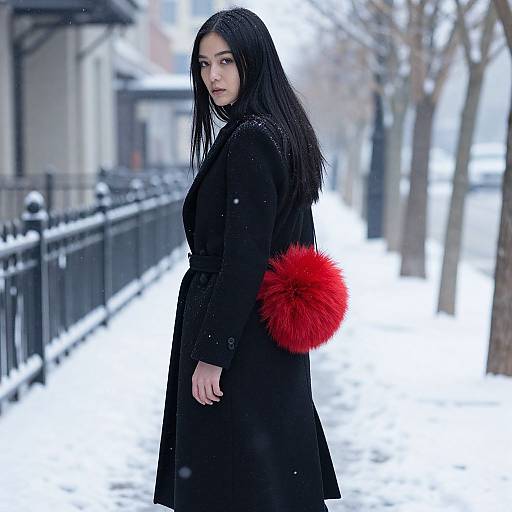 Photograph of a pale-skinned woman with long black hair, wearing a black coat with a vibrant red furry shoulder bag, standing in a snowy urban