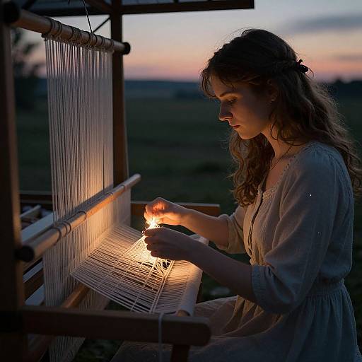 Photograph of a woman with wavy brown hair in a white blouse, weaving at sunset, holding a small flame to thread.