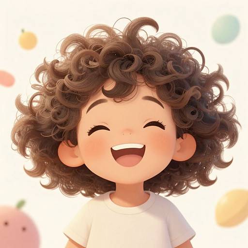 Digital drawing of a happy, curly-haired child with closed eyes and open mouth, wearing a white shirt, against a blurred colorful background.