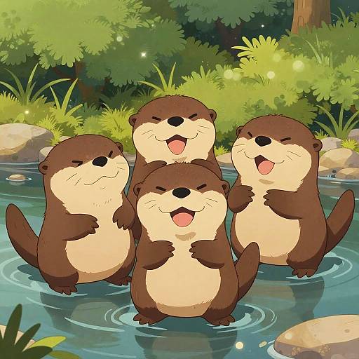Playful Otters Cartoon Illustration