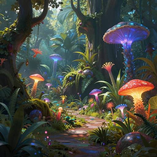 Digital fantasy forest scene with glowing, colorful mushrooms, lush greenery, and vibrant bioluminescent plants, illuminated by ethereal light in a mystical