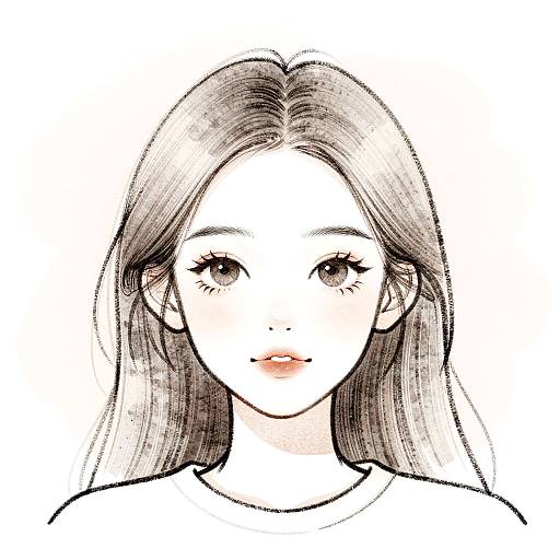 Digital anime-style drawing of a young woman with long brown hair, large eyes, subtle smile, and minimalistic white background.
