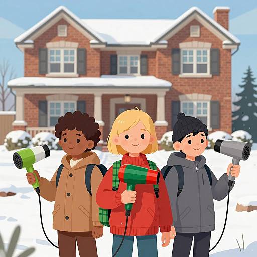 Children with Hair Dryers in Front of Snowy House