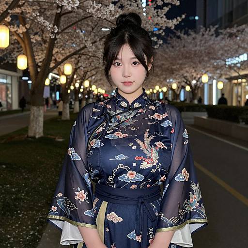 Photograph of an Asian woman with black hair in a bun, wearing a black floral-patterned kimono, standing under cherry blossom trees at night,