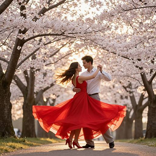 Photograph of a couple dancing under cherry blossom trees; the woman in a flowing red dress, the man in a white shirt and gray pants, surrounded